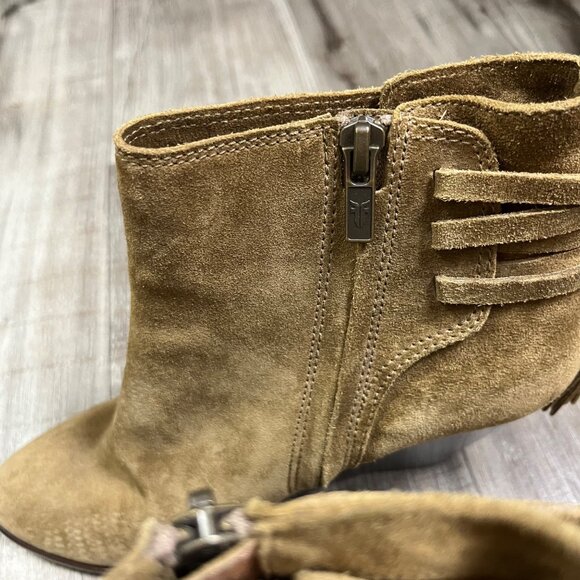 Frye Cece Tassel Lace Wedge Stack Heel Ankle Boots Brown Women’s Size 8.5 - Picture 8 of 11